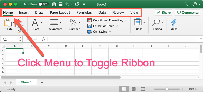where is the sheet bar in excel 2016 for mac